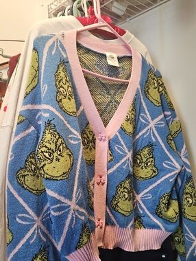 Pink & Blue Novelty Grinch Cardigan Sweater